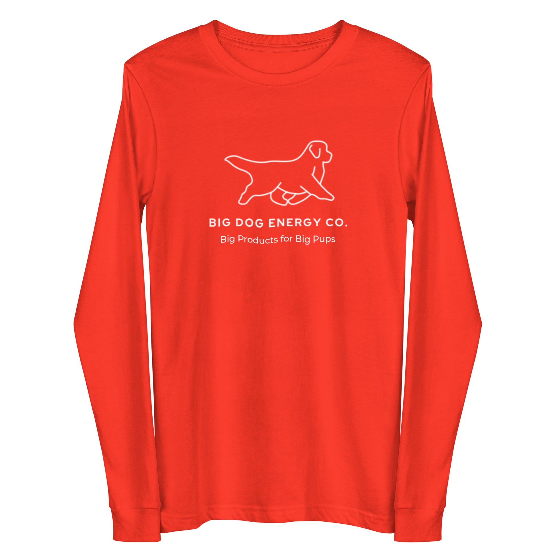 Poppy orange long sleeve t-shirt showing the white Big Dog Energy Company logo, which is a Newfoundland dog silhouette over the company name, with a smaller saying "Big Products for Big Pups" underneath the logo, also in white text.