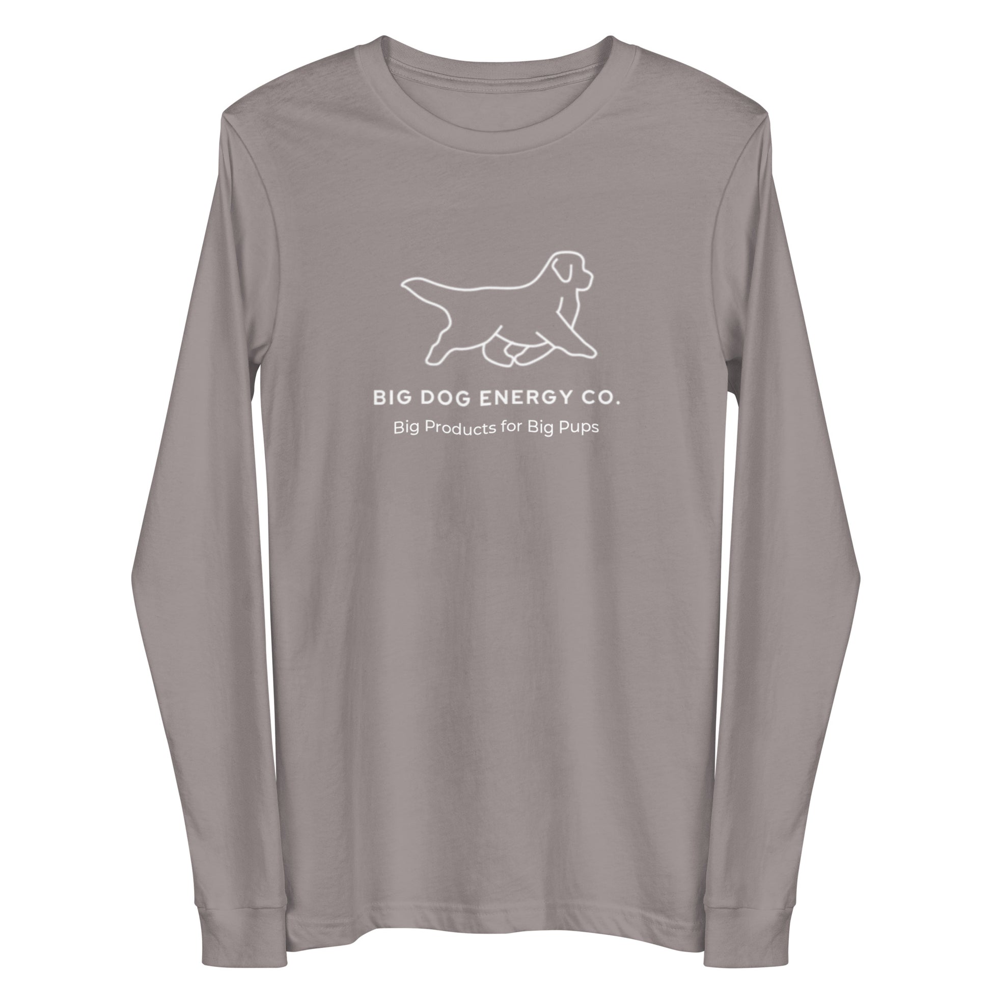 Storm grey long sleeve t-shirt showing the white Big Dog Energy Company logo, which is a Newfoundland dog silhouette over the company name, with a smaller saying "Big Products for Big Pups" underneath the logo, also in white text.