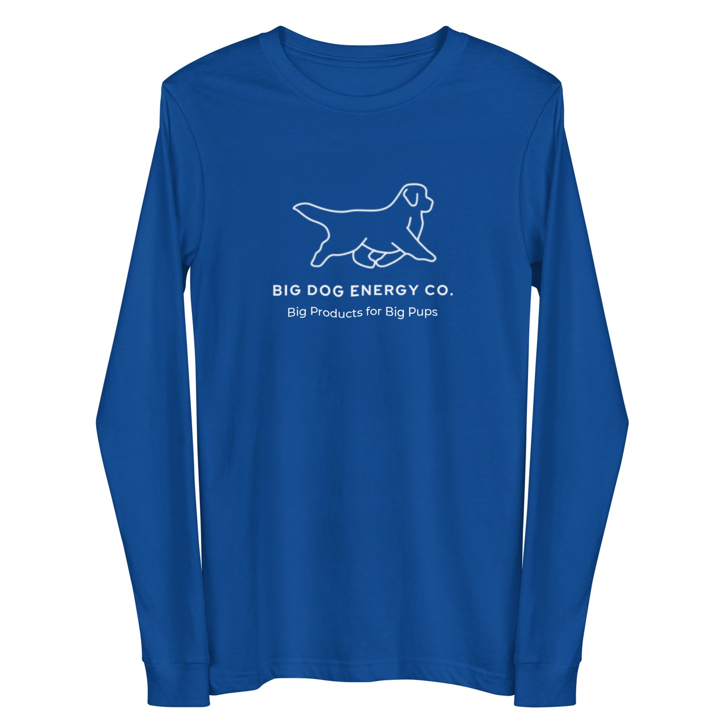 True royal blue long sleeve t-shirt showing the white Big Dog Energy Company logo, which is a Newfoundland dog silhouette over the company name, with a smaller saying "Big Products for Big Pups" underneath the logo, also in white text.