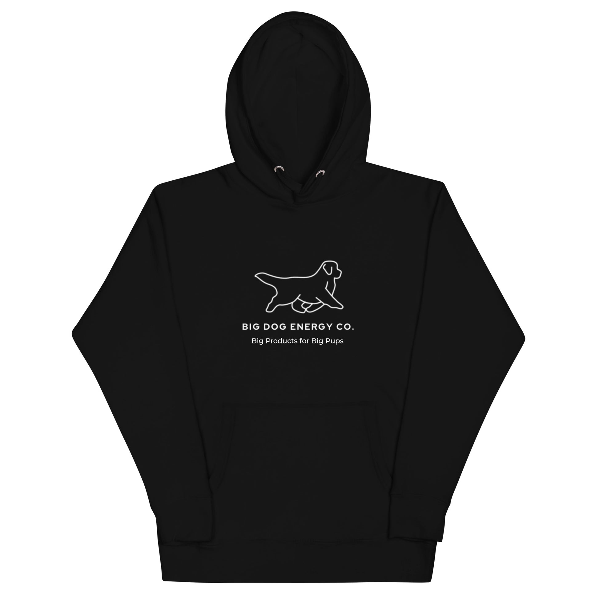 Black hoodie showing the white Big Dog Energy Company logo, which is a Newfoundland dog silhouette over the company name, with a smaller saying "Big Products for Big Pups" underneath the logo, also in white text.