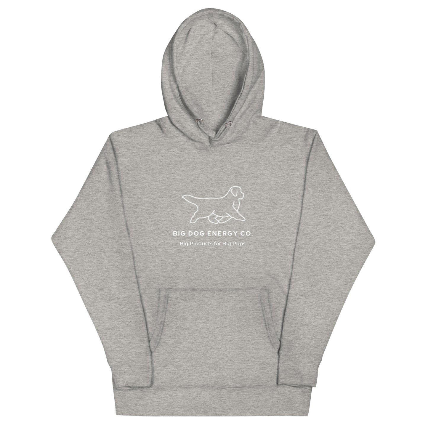 Carbon grey hoodie showing the white Big Dog Energy Company logo, which is a Newfoundland dog silhouette over the company name, with a smaller saying "Big Products for Big Pups" underneath the logo, also in white text.