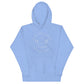 Carolina blue hoodie with the Big Dog Energy Company summer camp logo, which is white line art of the outline of a Newfoundland dog trotting through grass with primitive trees and a radiant sun in the background. All of this is encased by two concentric circles, with "Big Dog Energy Company, Chicago, Illinois" wrapped around the inside of the circles and surrounding the logo.