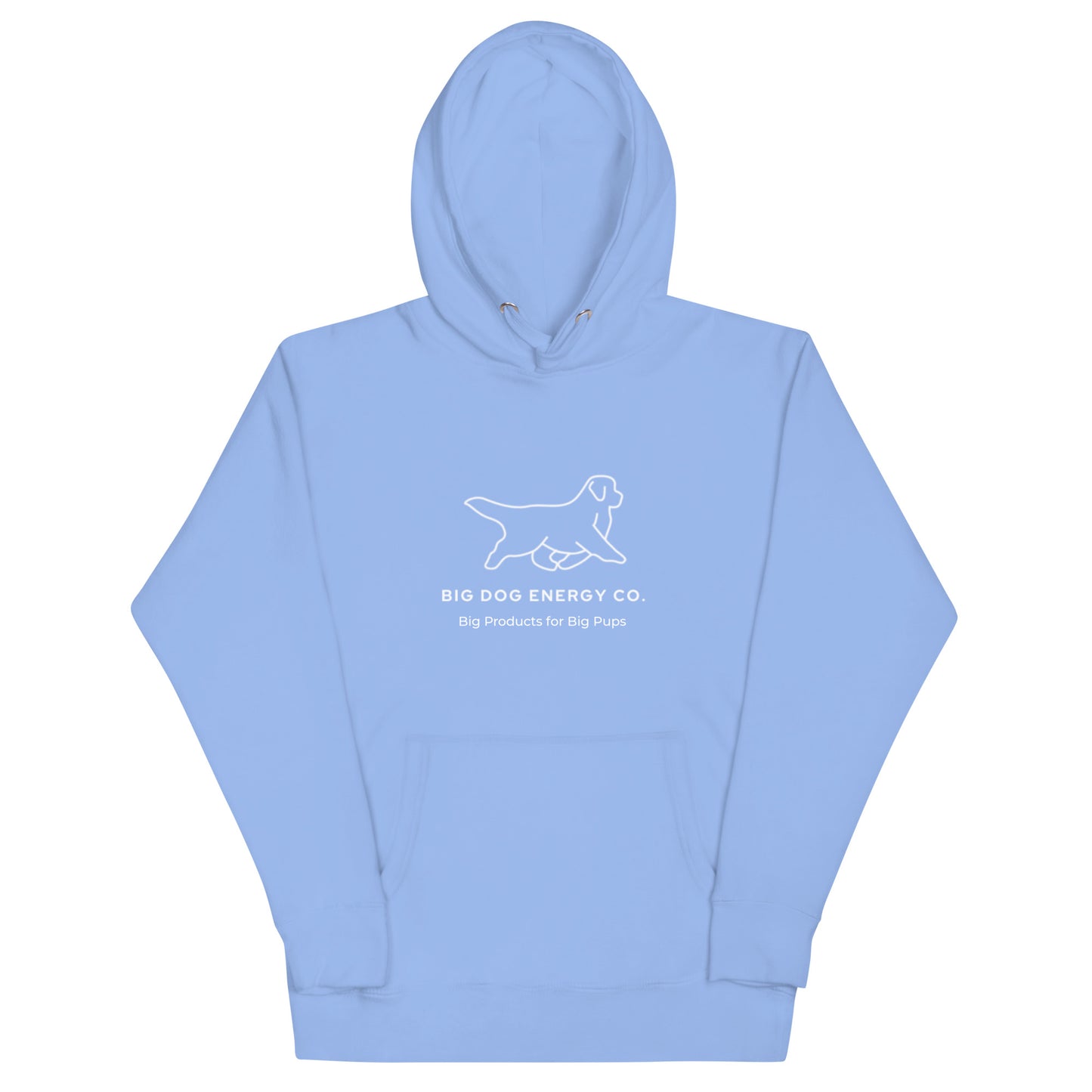 Carolina blue hoodie showing the white Big Dog Energy Company logo, which is a Newfoundland dog silhouette over the company name, with a smaller saying "Big Products for Big Pups" underneath the logo, also in white text.