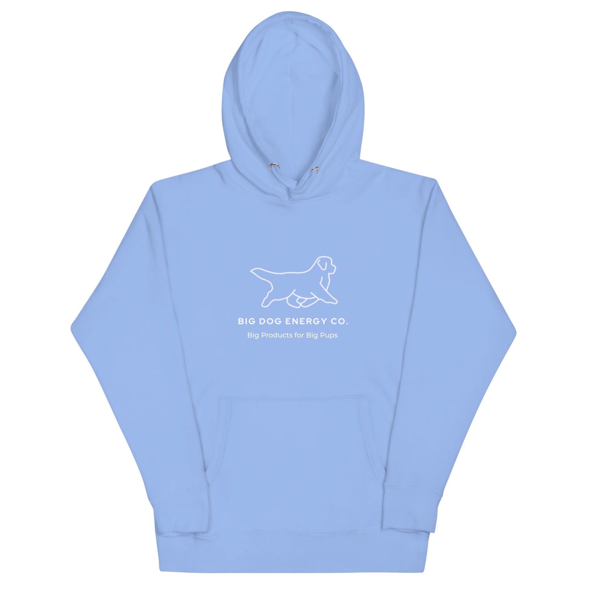 Carolina blue hoodie showing the white Big Dog Energy Company logo, which is a Newfoundland dog silhouette over the company name, with a smaller saying "Big Products for Big Pups" underneath the logo, also in white text.