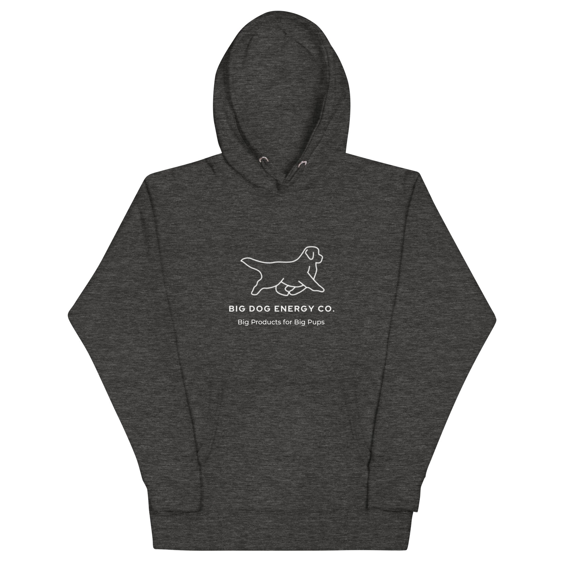 Charcoal grey hoodie showing the white Big Dog Energy Company logo, which is a Newfoundland dog silhouette over the company name, with a smaller saying "Big Products for Big Pups" underneath the logo, also in white text.