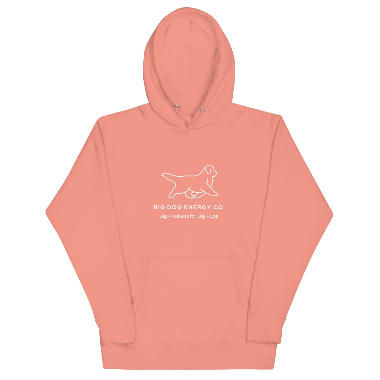 Dusty rose pink hoodie showing the white Big Dog Energy Company logo, which is a Newfoundland dog silhouette over the company name, with a smaller saying "Big Products for Big Pups" underneath the logo, also in white text.