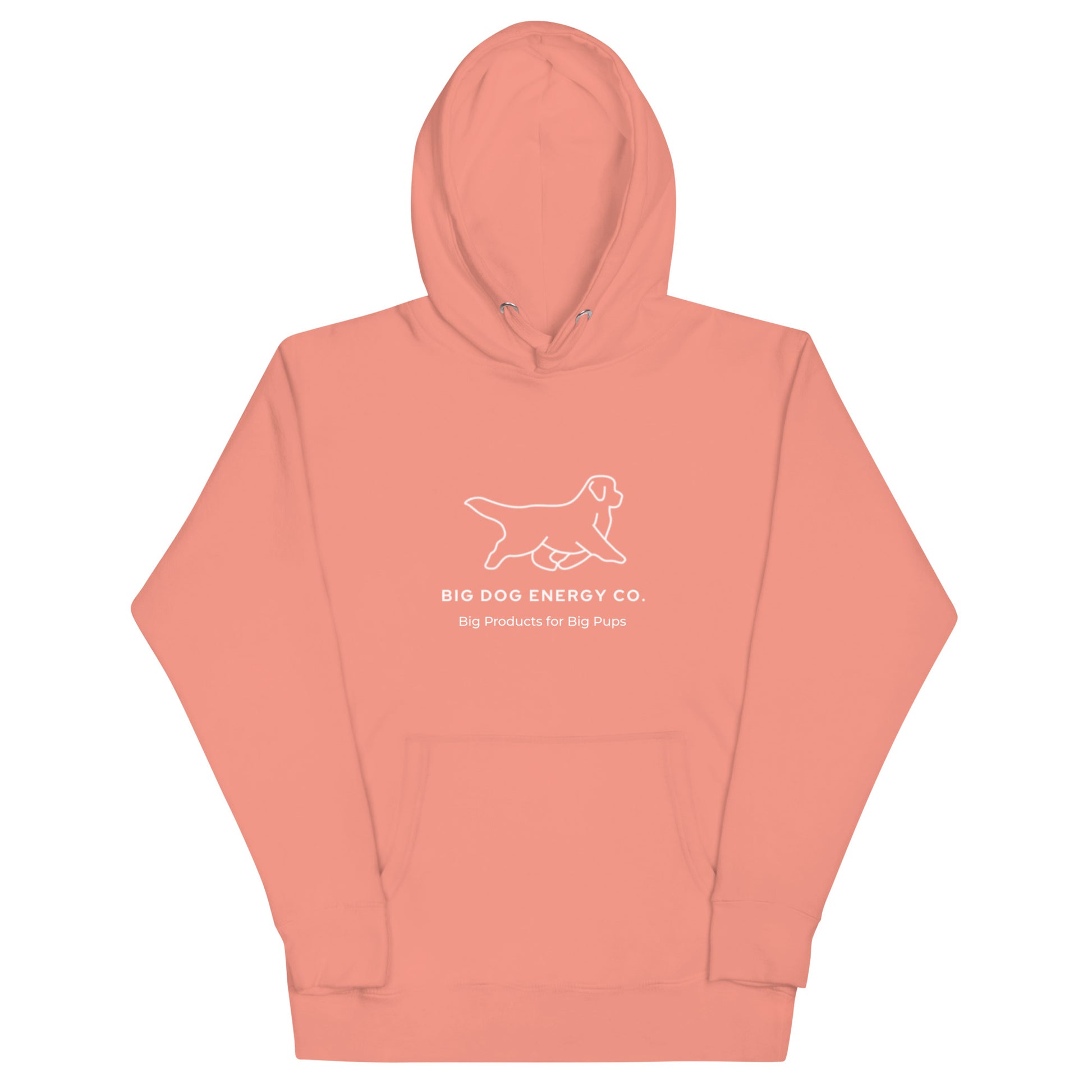 Dusty rose pink hoodie showing the white Big Dog Energy Company logo, which is a Newfoundland dog silhouette over the company name, with a smaller saying "Big Products for Big Pups" underneath the logo, also in white text.