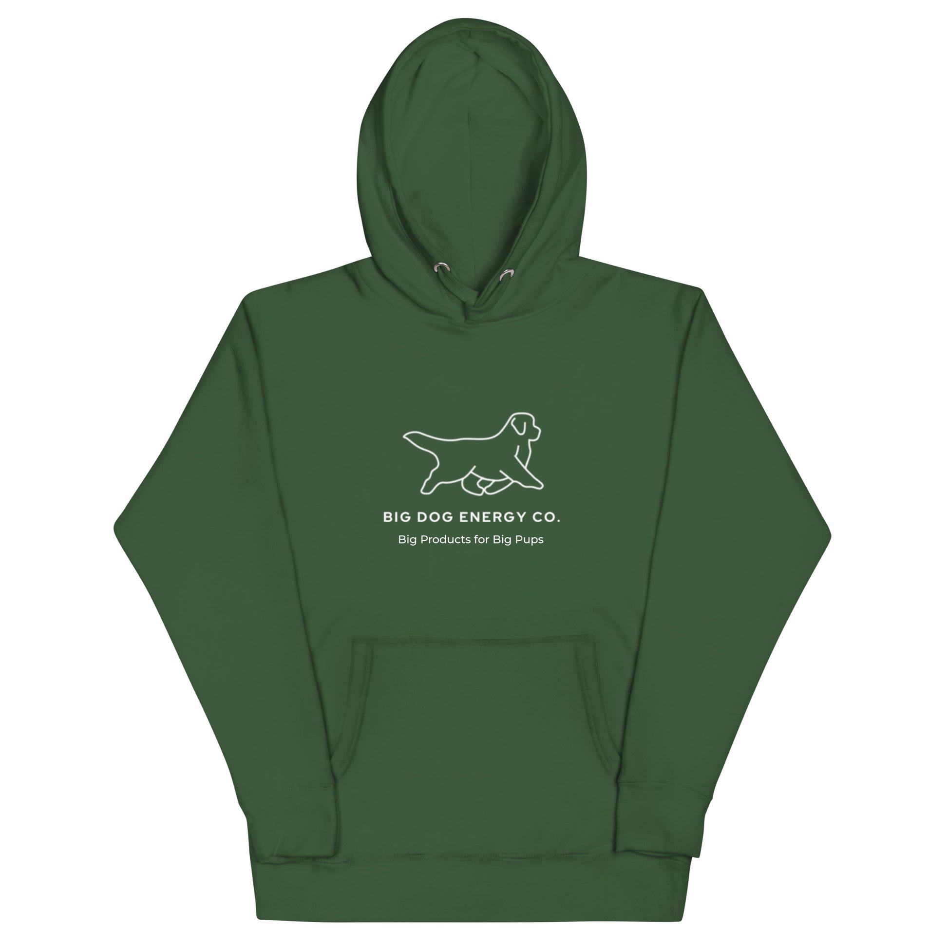 Forest green hoodie showing the white Big Dog Energy Company logo, which is a Newfoundland dog silhouette over the company name, with a smaller saying "Big Products for Big Pups" underneath the logo, also in white text.