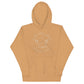 Khaki hoodie with the Big Dog Energy Company summer camp logo, which is white line art of the outline of a Newfoundland dog trotting through grass with primitive trees and a radiant sun in the background. All of this is encased by two concentric circles, with "Big Dog Energy Company, Chicago, Illinois" wrapped around the inside of the circles and surrounding the logo.