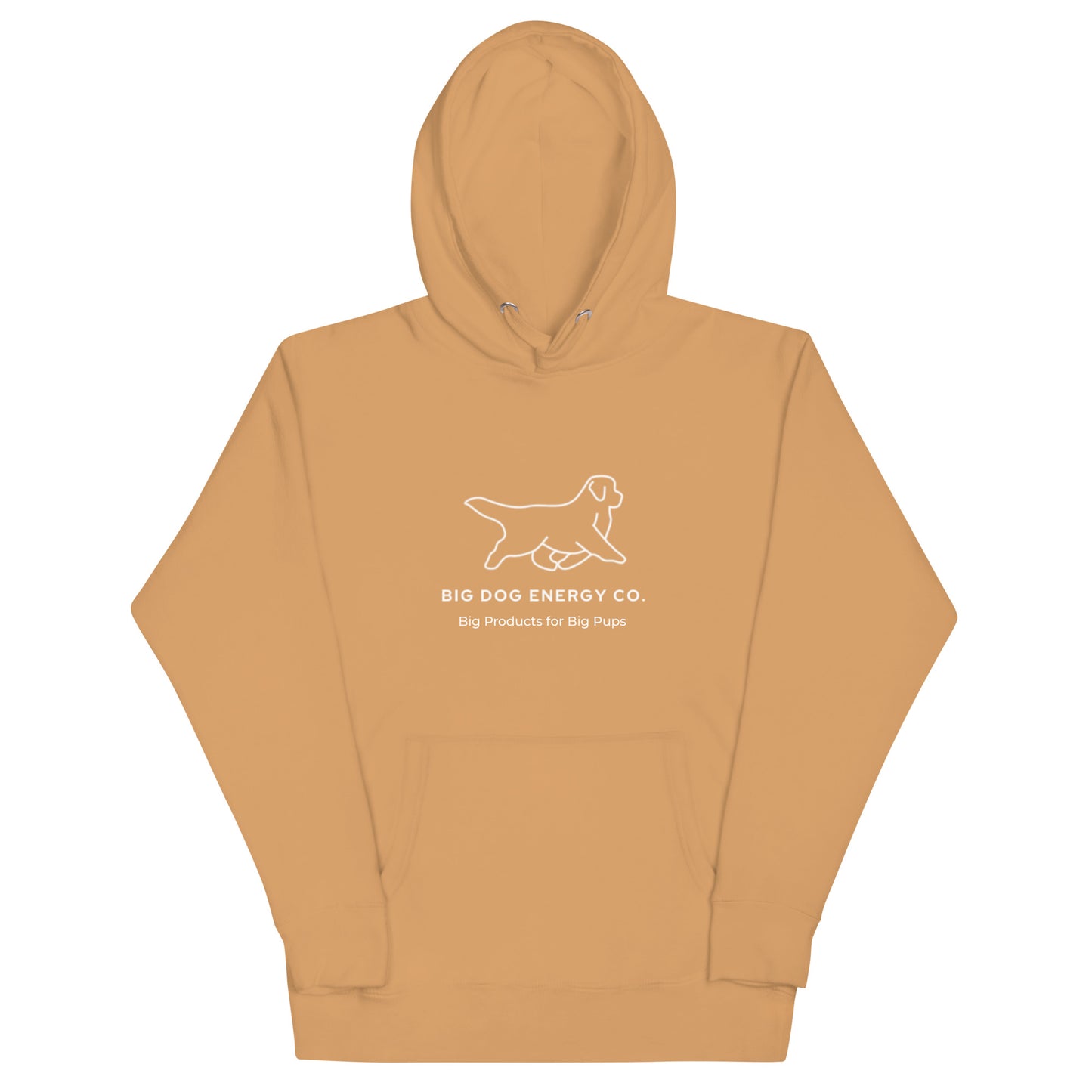 Khaki hoodie showing the white Big Dog Energy Company logo, which is a Newfoundland dog silhouette over the company name, with a smaller saying "Big Products for Big Pups" underneath the logo, also in white text.