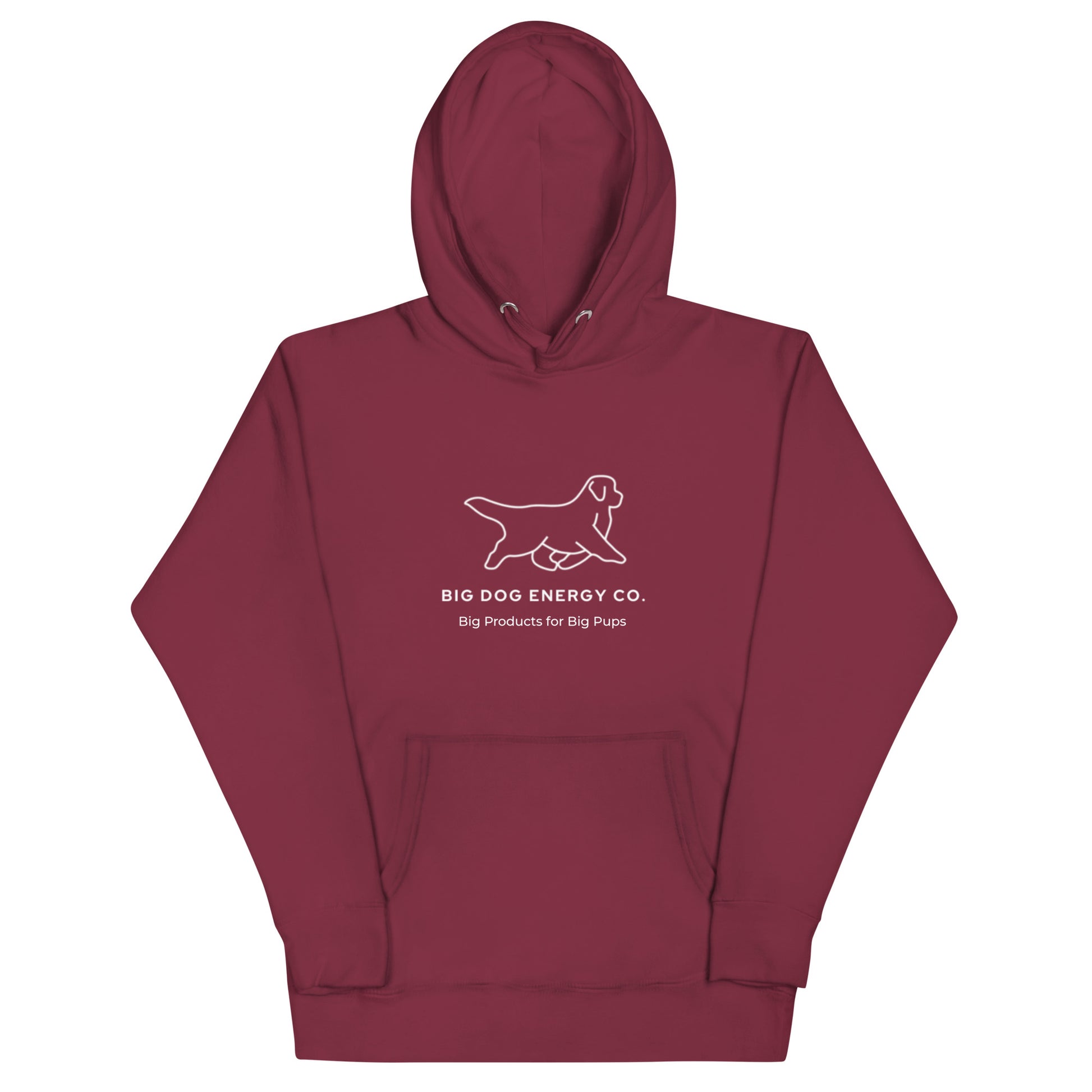 Maroon hoodie showing the white Big Dog Energy Company logo, which is a Newfoundland dog silhouette over the company name, with a smaller saying "Big Products for Big Pups" underneath the logo, also in white text.