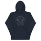 Navy hoodie with the Big Dog Energy Company summer camp logo, which is white line art of the outline of a Newfoundland dog trotting through grass with primitive trees and a radiant sun in the background. All of this is encased by two concentric circles, with "Big Dog Energy Company, Chicago, Illinois" wrapped around the inside of the circles and surrounding the logo.