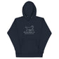 Navy hoodie showing the white Big Dog Energy Company logo, which is a Newfoundland dog silhouette over the company name, with a smaller saying "Big Products for Big Pups" underneath the logo, also in white text.