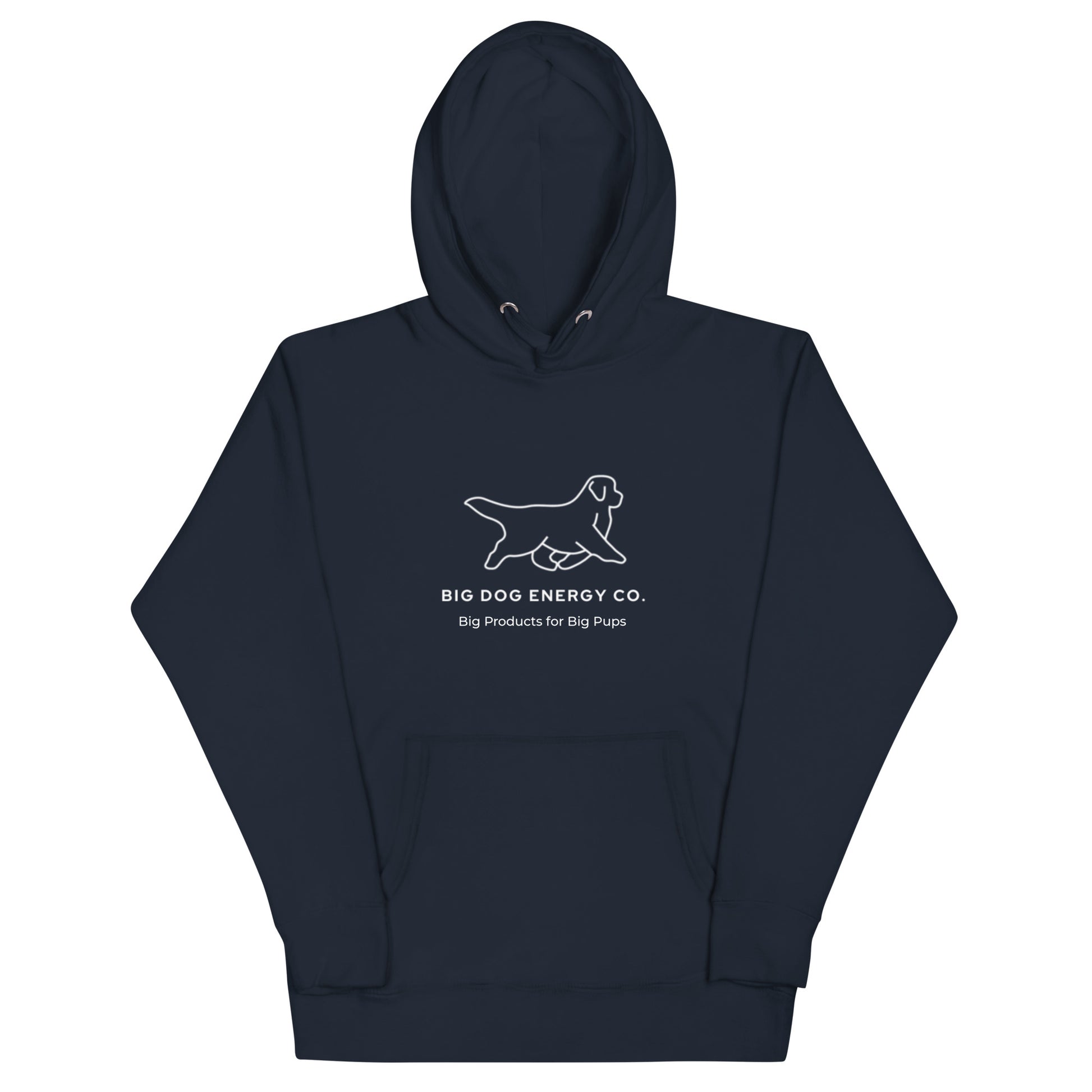 Navy hoodie showing the white Big Dog Energy Company logo, which is a Newfoundland dog silhouette over the company name, with a smaller saying "Big Products for Big Pups" underneath the logo, also in white text.