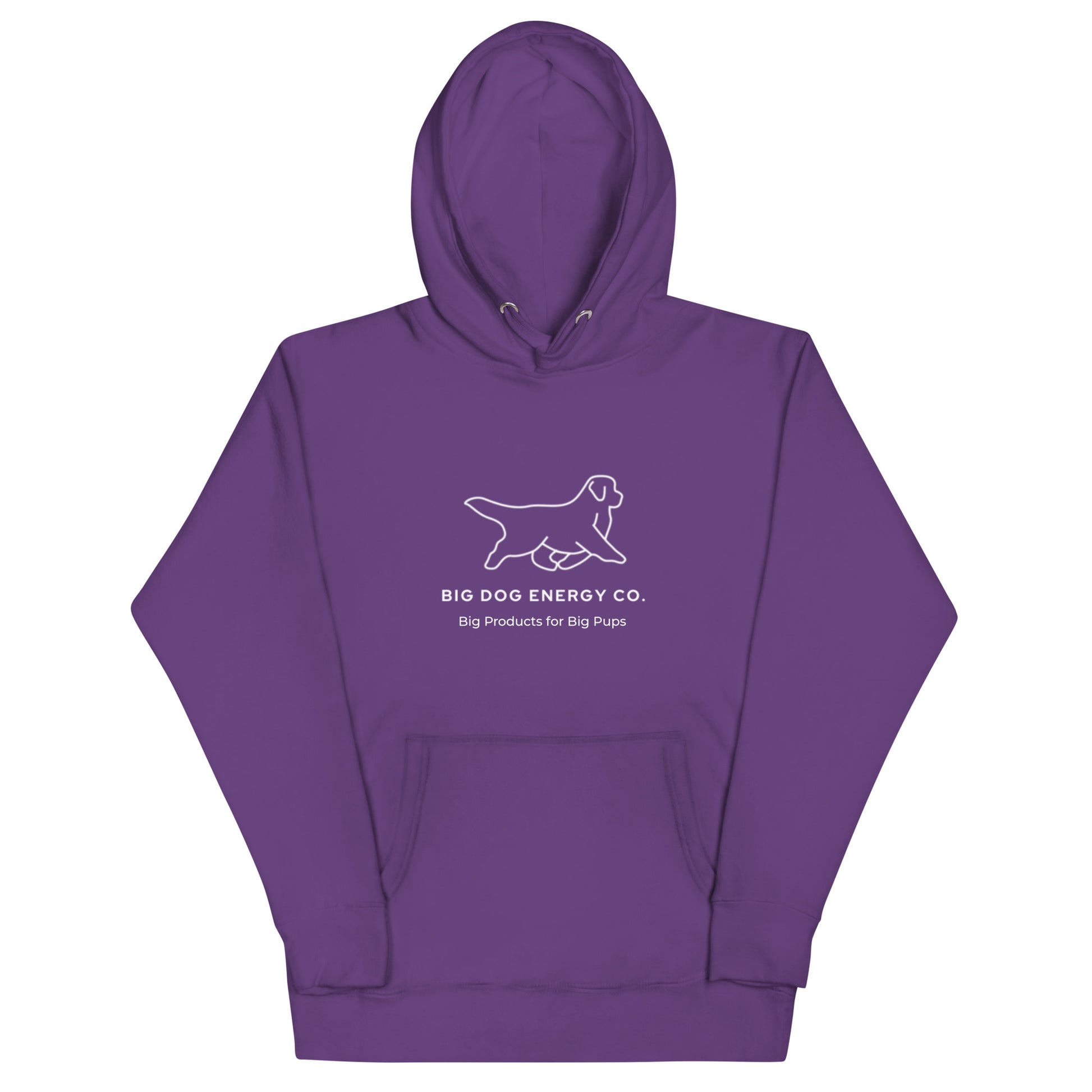 Purple hoodie showing the white Big Dog Energy Company logo, which is a Newfoundland dog silhouette over the company name, with a smaller saying "Big Products for Big Pups" underneath the logo, also in white text.