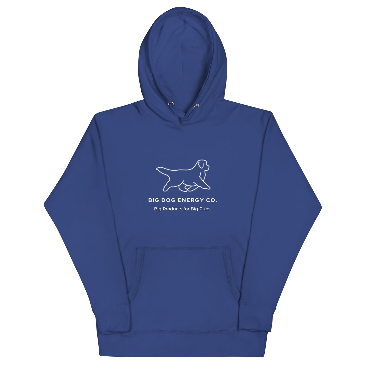 Royal blue hoodie showing the white Big Dog Energy Company logo, which is a Newfoundland dog silhouette over the company name, with a smaller saying "Big Products for Big Pups" underneath the logo, also in white text.