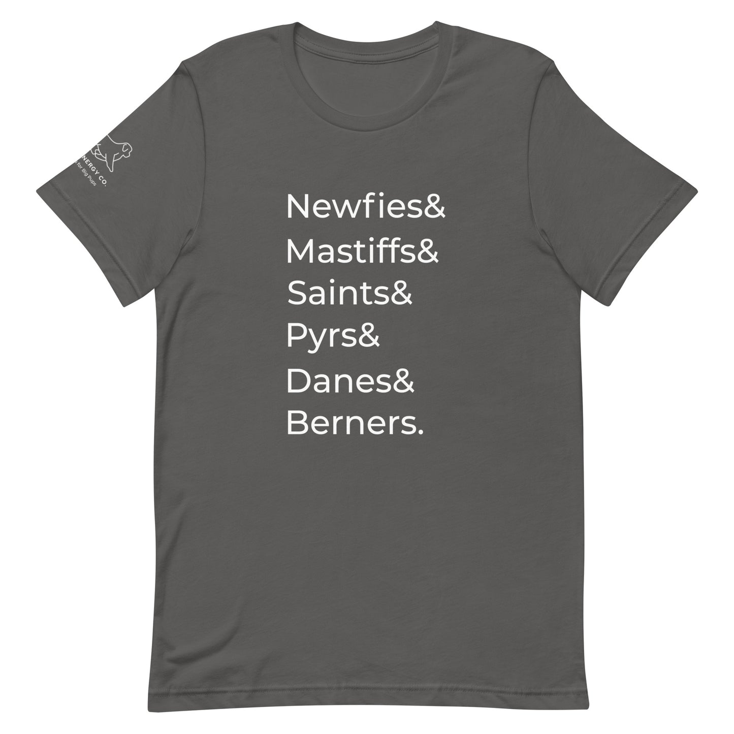 Front of an asphalt grey t-shirt that has a list that reads "Newfies& Mastiffs& Saints& Pyrs& Danes& Berners." in white text.