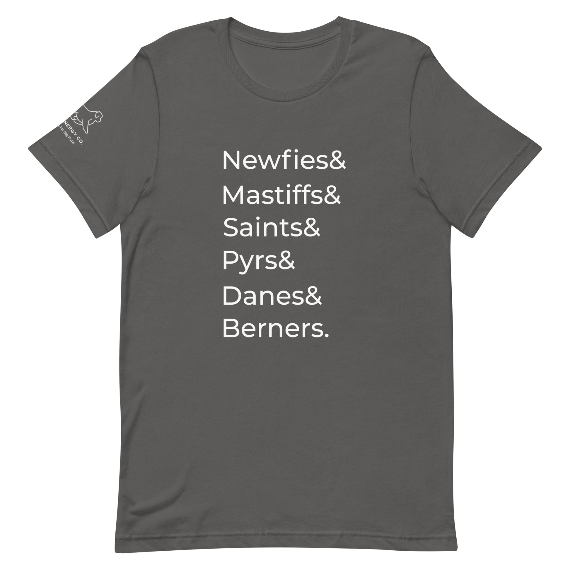 Front of an asphalt grey t-shirt that has a list that reads "Newfies& Mastiffs& Saints& Pyrs& Danes& Berners." in white text.