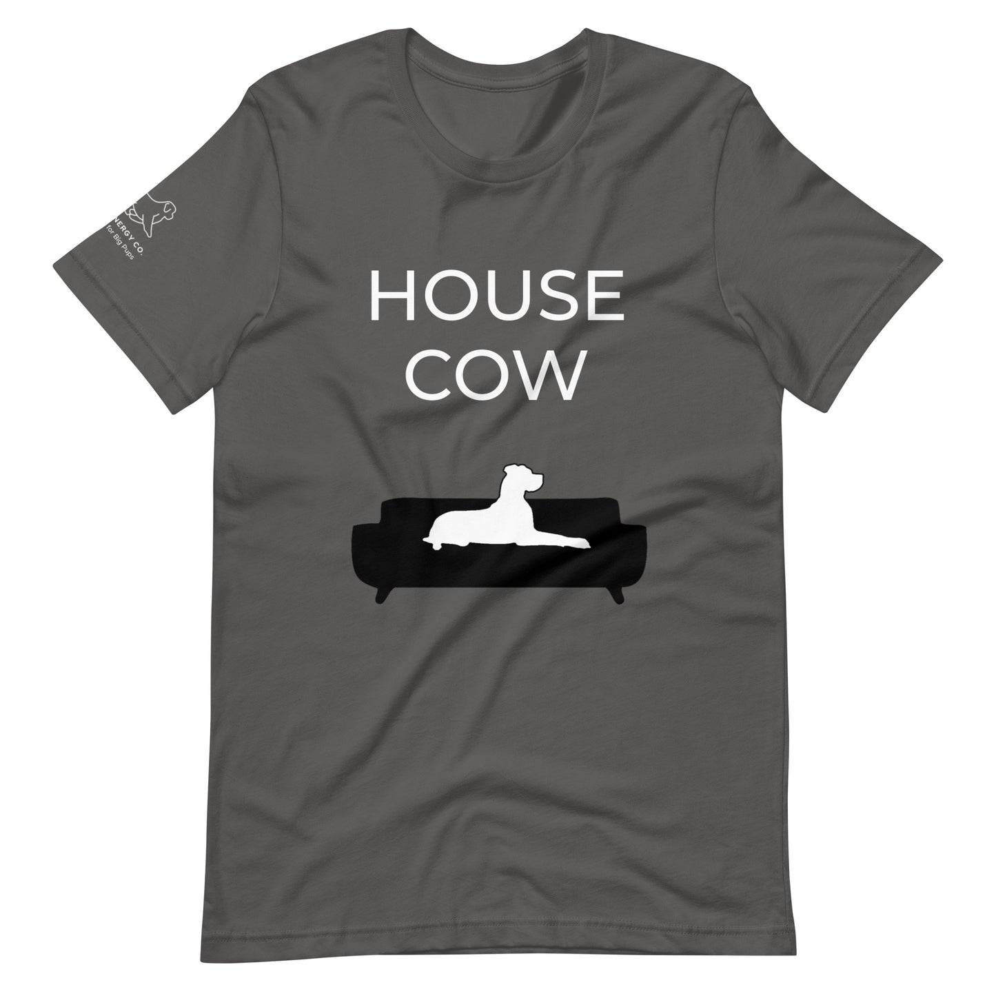 Front of an asphalt grey t-shirt that reads "House Cow" in white text over an illustration that is the white silhouette of a large dog laying on the dark silhouette of a couch.