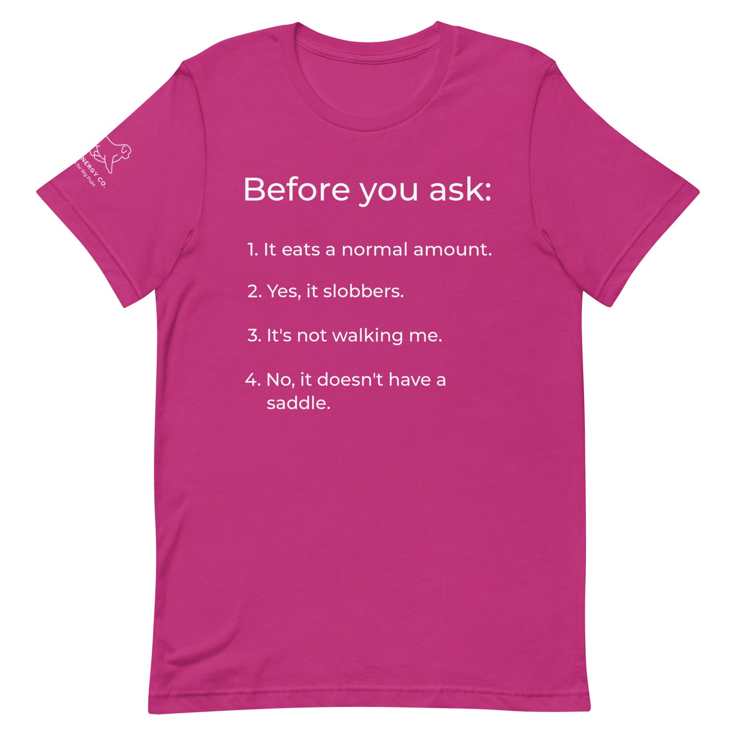 Front of a berry pink t-shirt that has a list that reads "Before you ask: 1. It eats a normal amount. 2. Yes, it slobbers. 3. It's not walking me. 4. No, it doesn't have a saddle." in white text.