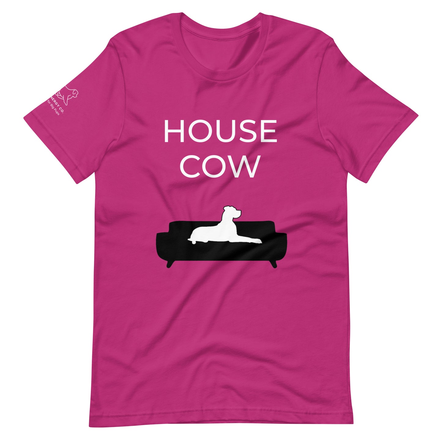 Front of a berry pink t-shirt that reads "House Cow" in white text over an illustration that is the white silhouette of a large dog laying on the dark silhouette of a couch.