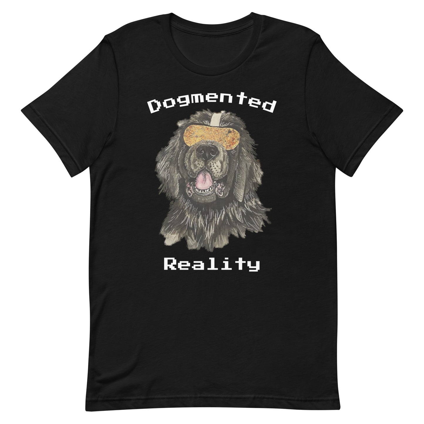 Front of a black short-sleeved t-shirt with "Dogmented Reality" in white video game text with the head of a Newfoundland dog wearing a pair of virtual reality goggles