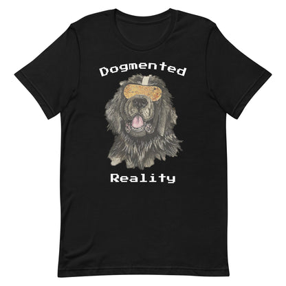 Front of a black short-sleeved t-shirt with "Dogmented Reality" in white video game text with the head of a Newfoundland dog wearing a pair of virtual reality goggles