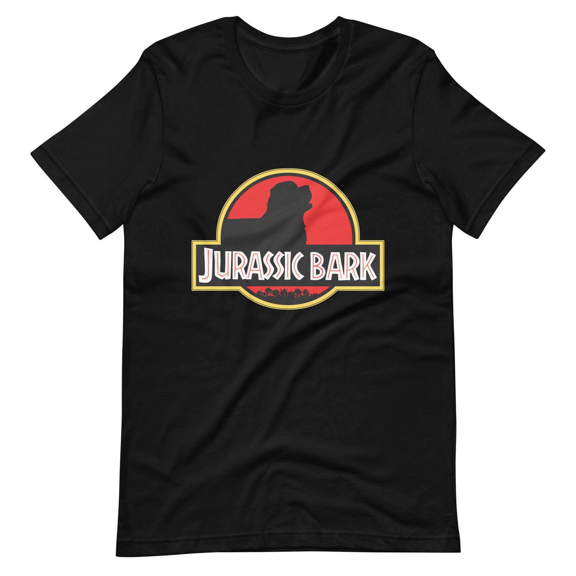 Front of a black t-shirt with a dark silhouette of a Newfoundland dog howling on a red background. The graphic also reads "Jurassic Bark" in white text with a red line running through it. This text is over the silhouette of a few palm trees. This graphic is completely outlined in yellow