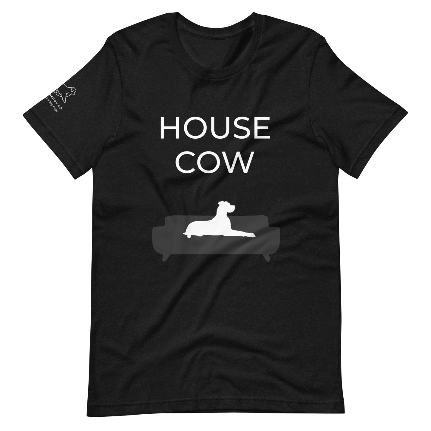 Front of a black heather t-shirt that reads "House Cow" in white text over an illustration that is the white silhouette of a large dog laying on the dark silhouette of a couch.