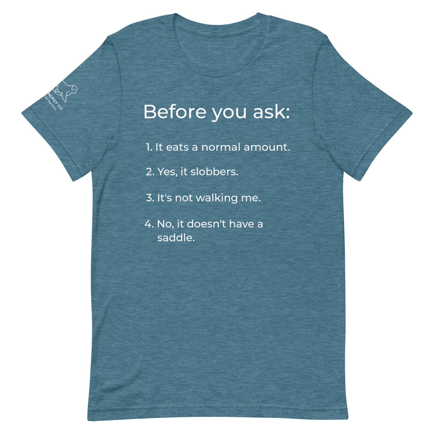 Front of a heather deep teal t-shirt that has a list that reads "Before you ask: 1. It eats a normal amount. 2. Yes, it slobbers. 3. It's not walking me. 4. No, it doesn't have a saddle." in white text.