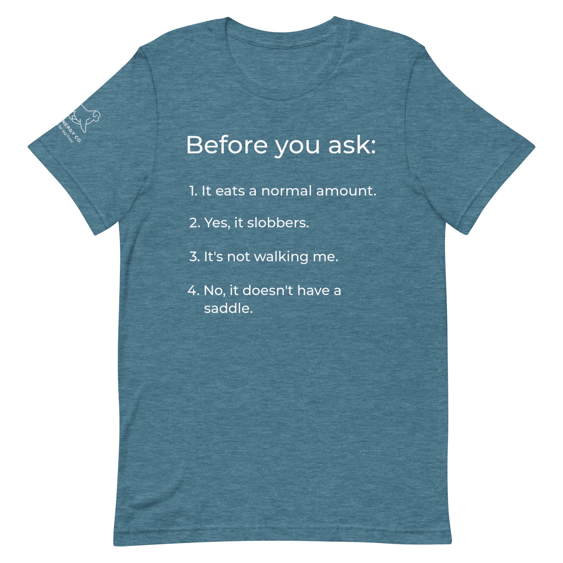 Front of a heather deep teal t-shirt that has a list that reads "Before you ask: 1. It eats a normal amount. 2. Yes, it slobbers. 3. It's not walking me. 4. No, it doesn't have a saddle." in white text.