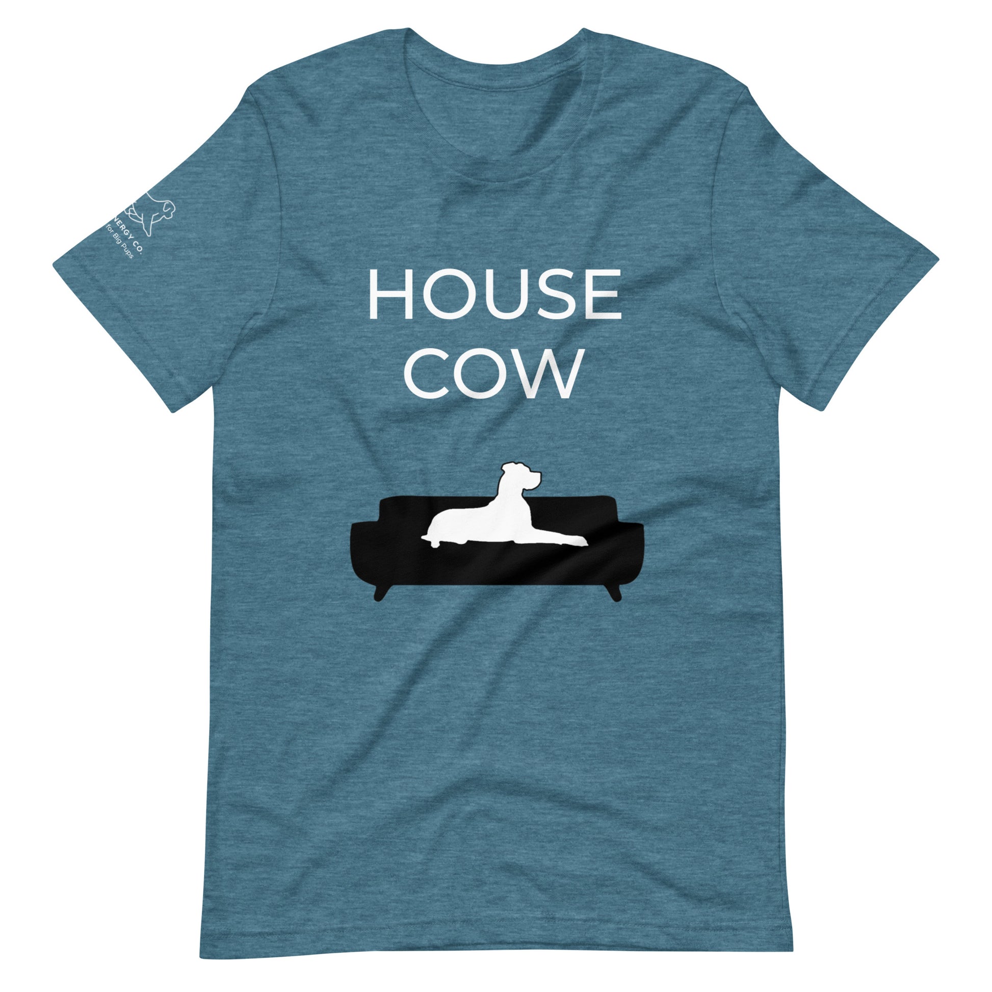 Front of a heather deep teal t-shirt that reads "House Cow" in white text over an illustration that is the white silhouette of a large dog laying on the dark silhouette of a couch.