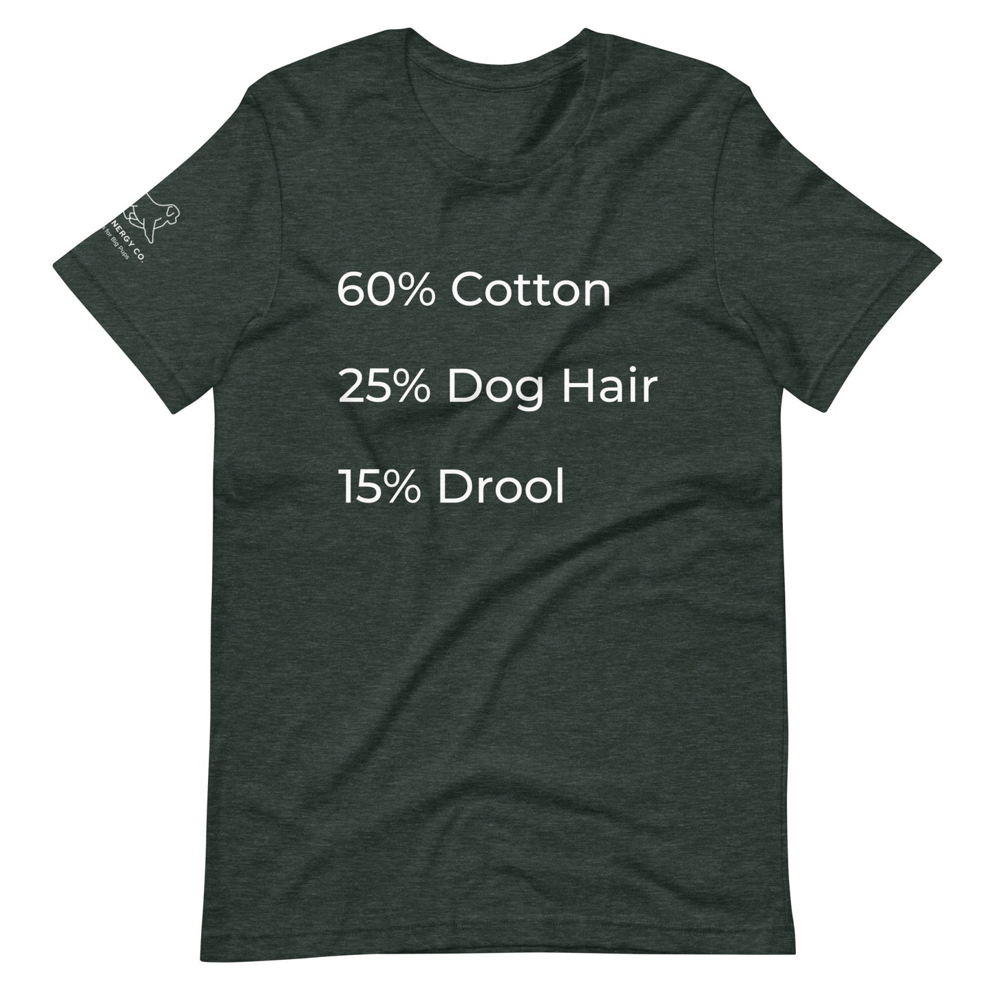 Front of a heather forest green t-shirt that has a list that reads "60% Cotton 25% Dog Hair 15% Drool" in white text.