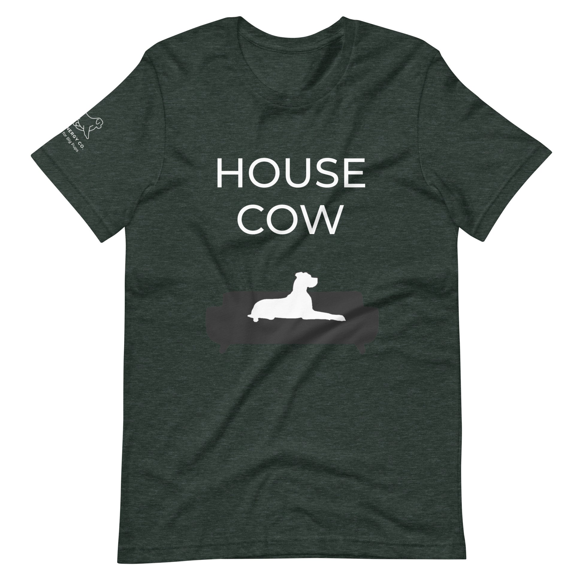 Front of a heather forest green t-shirt that reads "House Cow" in white text over an illustration that is the white silhouette of a large dog laying on the dark silhouette of a couch.