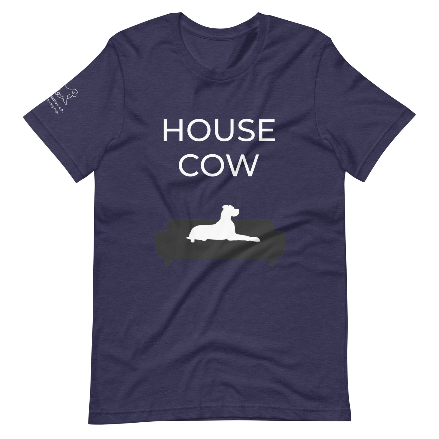 Front of a heather midnight navy t-shirt that reads "House Cow" in white text over an illustration that is the white silhouette of a large dog laying on the dark silhouette of a couch.