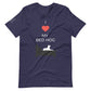 Front of a heather midnight navy t-shirt that reads "I love my bed hog" in white text over an illustration that is the white silhouette of a large dog laying on the deep gray silhouette of a bed. The word "love" is replaced by a red heart symbol.