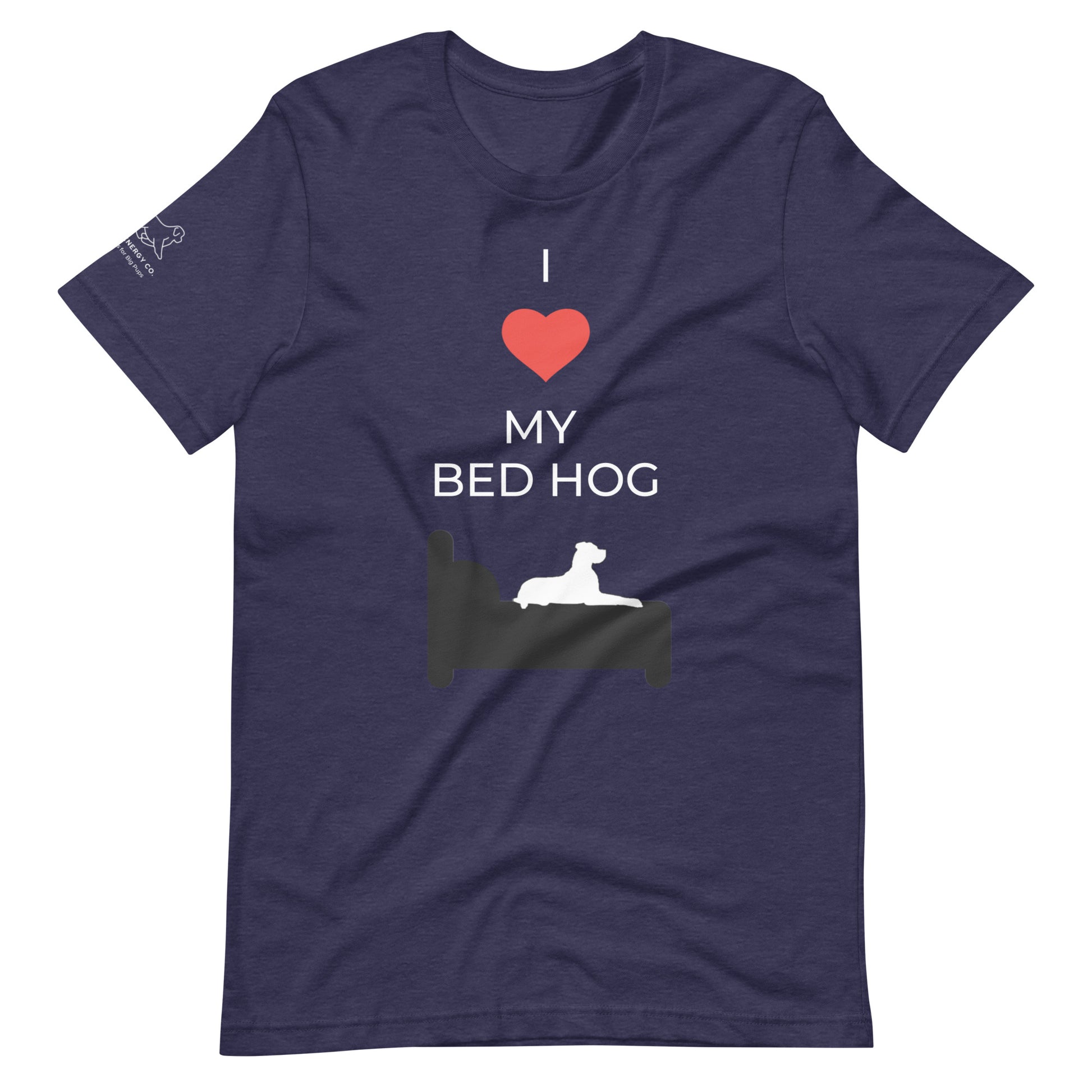 Front of a heather midnight navy t-shirt that reads "I love my bed hog" in white text over an illustration that is the white silhouette of a large dog laying on the deep gray silhouette of a bed. The word "love" is replaced by a red heart symbol.