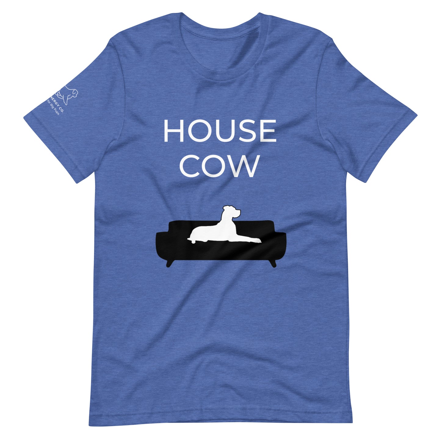 Front of a heather true royal blue t-shirt that reads "House Cow" in white text over an illustration that is the white silhouette of a large dog laying on the dark silhouette of a couch.