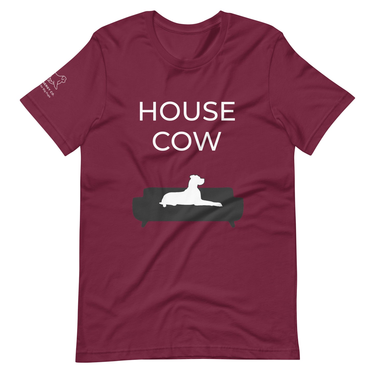 Front of a maroon t-shirt that reads "House Cow" in white text over an illustration that is the white silhouette of a large dog laying on the dark silhouette of a couch.