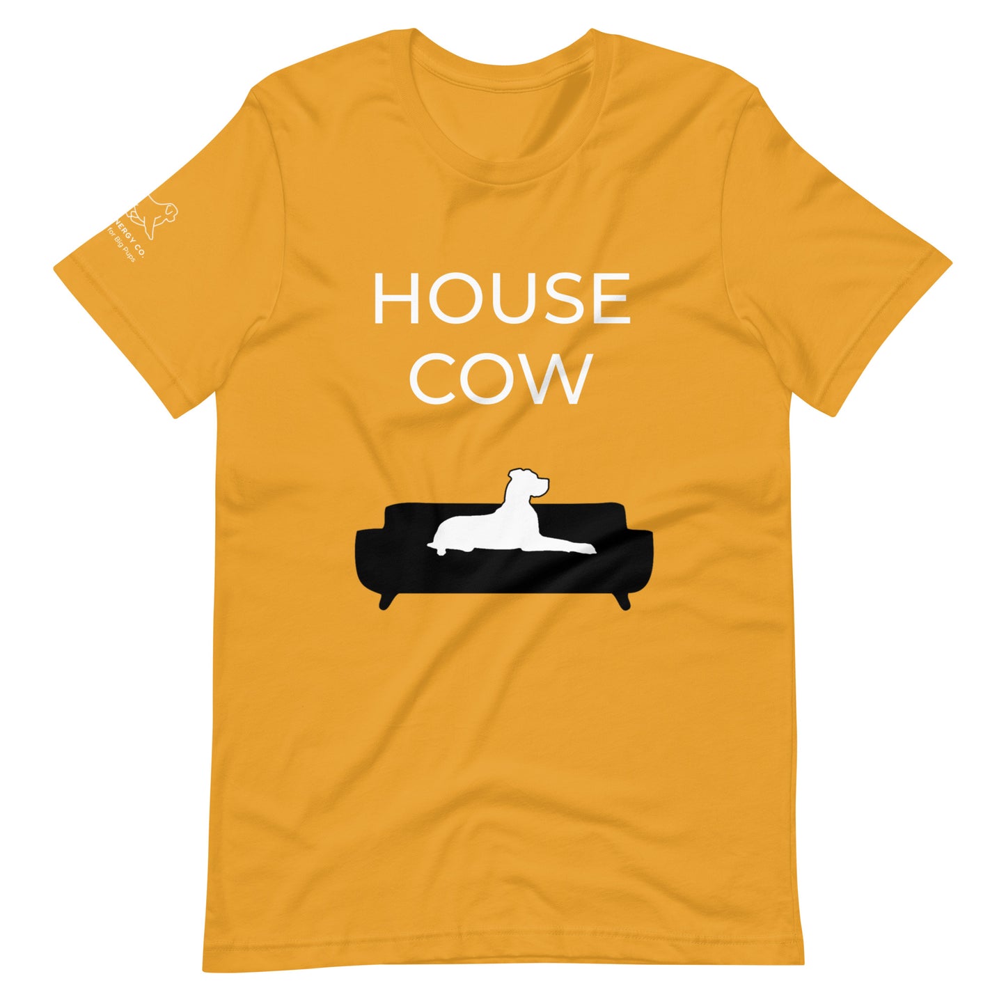 Front of a mustard yellow t-shirt that reads "House Cow" in white text over an illustration that is the white silhouette of a large dog laying on the dark silhouette of a couch.