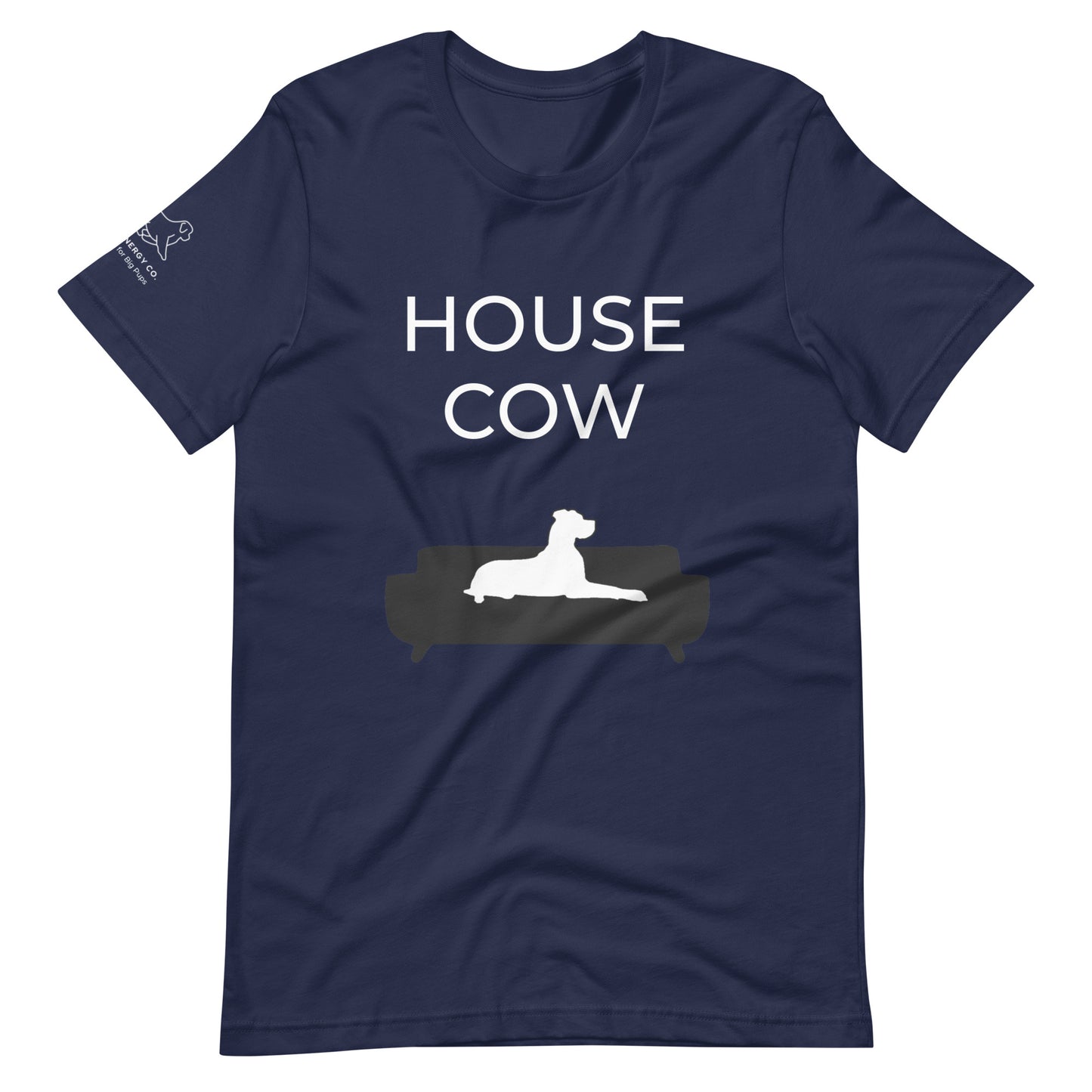 Front of a navy blue t-shirt that reads "House Cow" in white text over an illustration that is the white silhouette of a large dog laying on the dark silhouette of a couch.