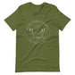 Olive green t-shirt with the Big Dog Energy Company summer camp logo, which is white line art of the outline of a Newfoundland dog trotting through grass with primitive trees and a radiant sun in the background. All of this is encased by two concentric circles, with "Big Dog Energy Company, Chicago, Illinois" wrapped around the inside of the circles and surrounding the logo.