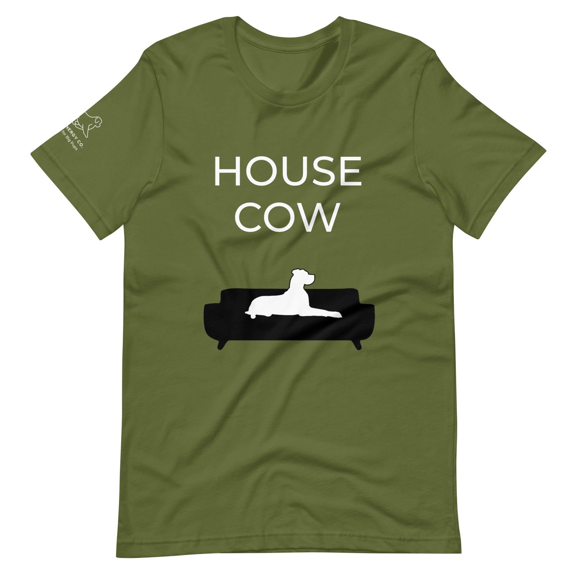 Front of an olive green t-shirt that reads "House Cow" in white text over an illustration that is the white silhouette of a large dog laying on the dark silhouette of a couch.