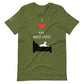 Front of an olive green t-shirt that reads "I love my bed hog" in white text over an illustration that is the white silhouette of a large dog laying on the dark silhouette of a bed. The word "love" is replaced by a red heart symbol.