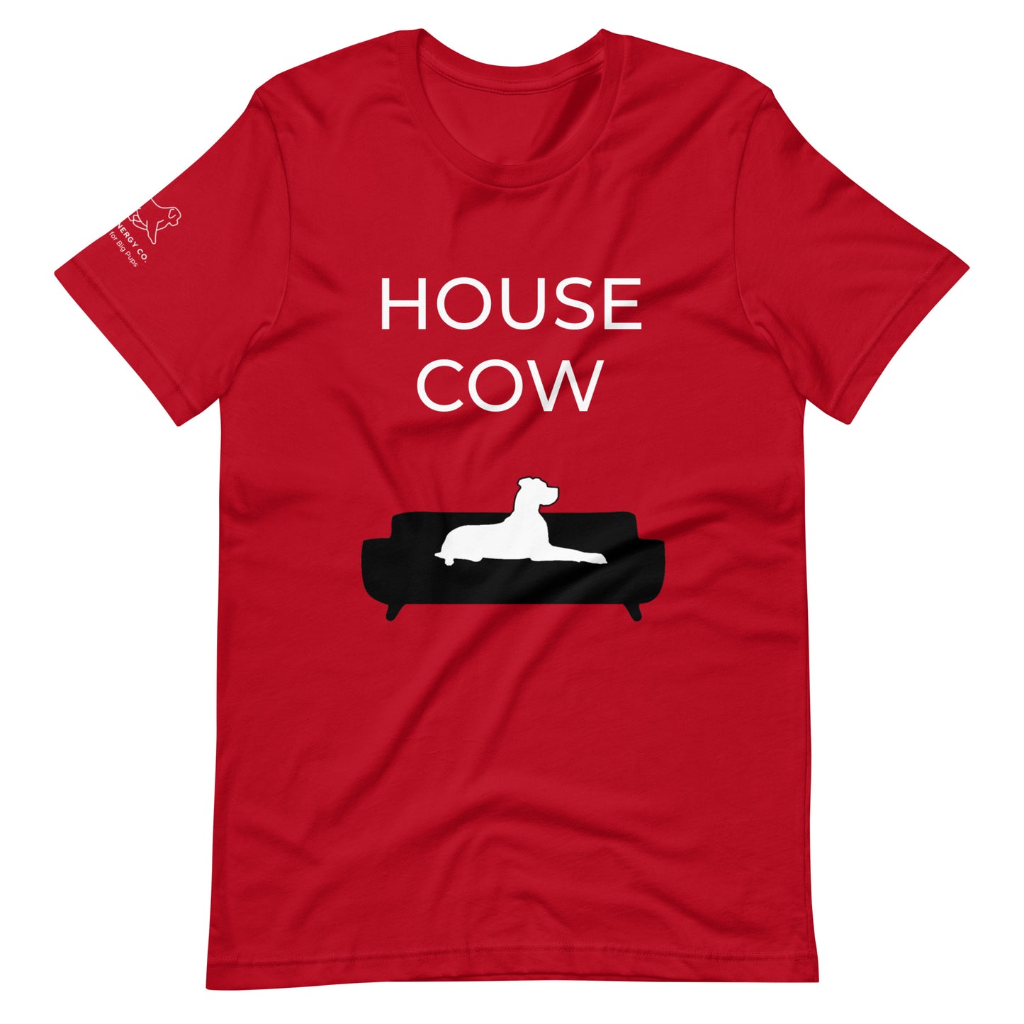 Front of a red t-shirt that reads "House Cow" in white text over an illustration that is the white silhouette of a large dog laying on the dark silhouette of a couch.