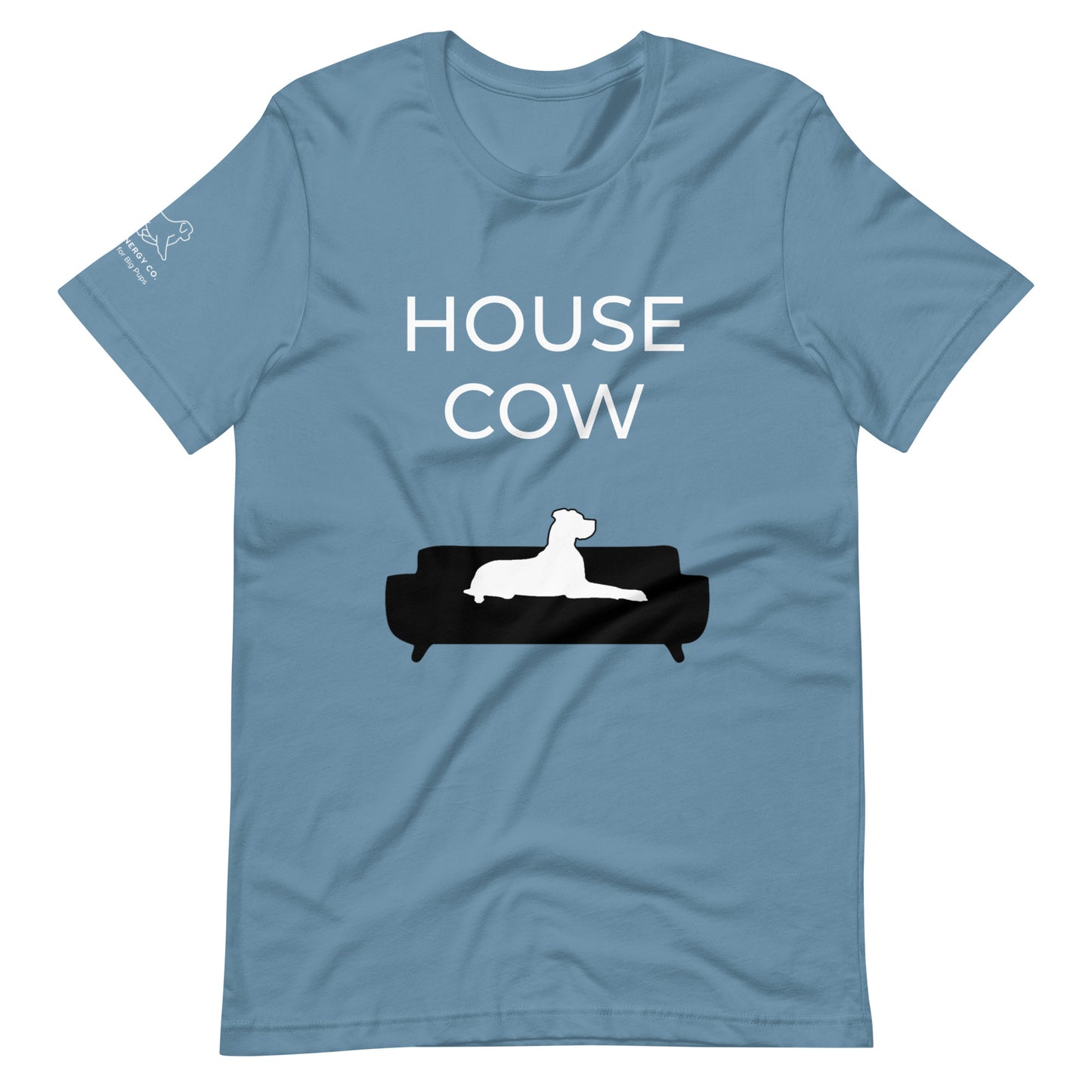 Front of a steel blue t-shirt that reads "House Cow" in white text over an illustration that is the white silhouette of a large dog laying on the dark silhouette of a couch.