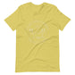 Strobe green/yellow t-shirt with the Big Dog Energy Company summer camp logo, which is white line art of the outline of a Newfoundland dog trotting through grass with primitive trees and a radiant sun in the background. All of this is encased by two concentric circles, with "Big Dog Energy Company, Chicago, Illinois" wrapped around the inside of the circles and surrounding the logo.