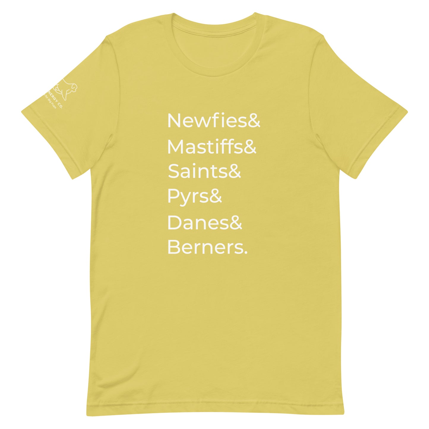 Front of a strobe green/yellow t-shirt that has a list that reads "Newfies& Mastiffs& Saints& Pyrs& Danes& Berners." in white text.