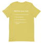 Front of a strobe green/yellow t-shirt that has a list that reads "Before you ask: 1. It eats a normal amount. 2. Yes, it slobbers. 3. It's not walking me. 4. No, it doesn't have a saddle." in white text.
