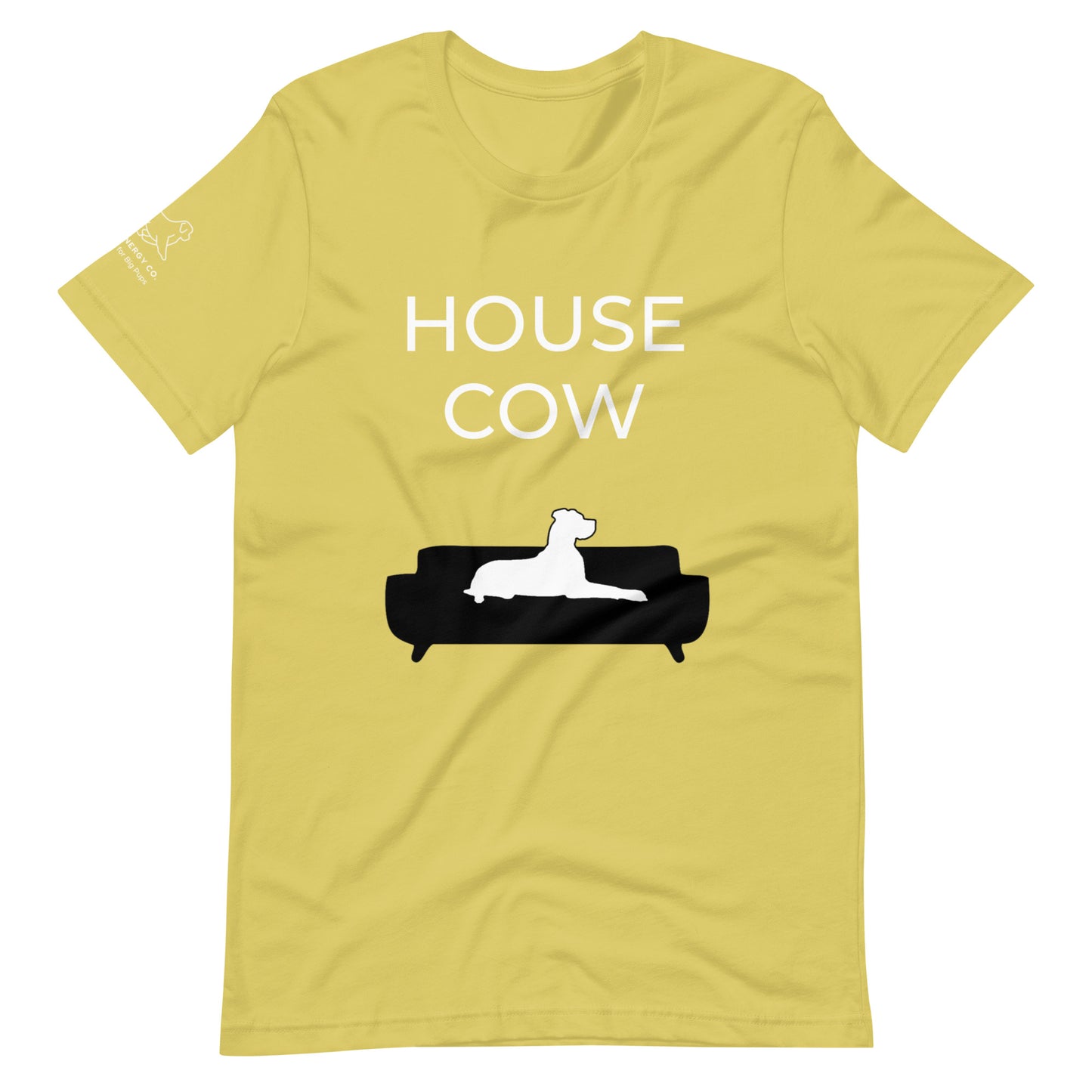 Front of a strobe green/yellow t-shirt that reads "House Cow" in white text over an illustration that is the white silhouette of a large dog laying on the dark silhouette of a couch.